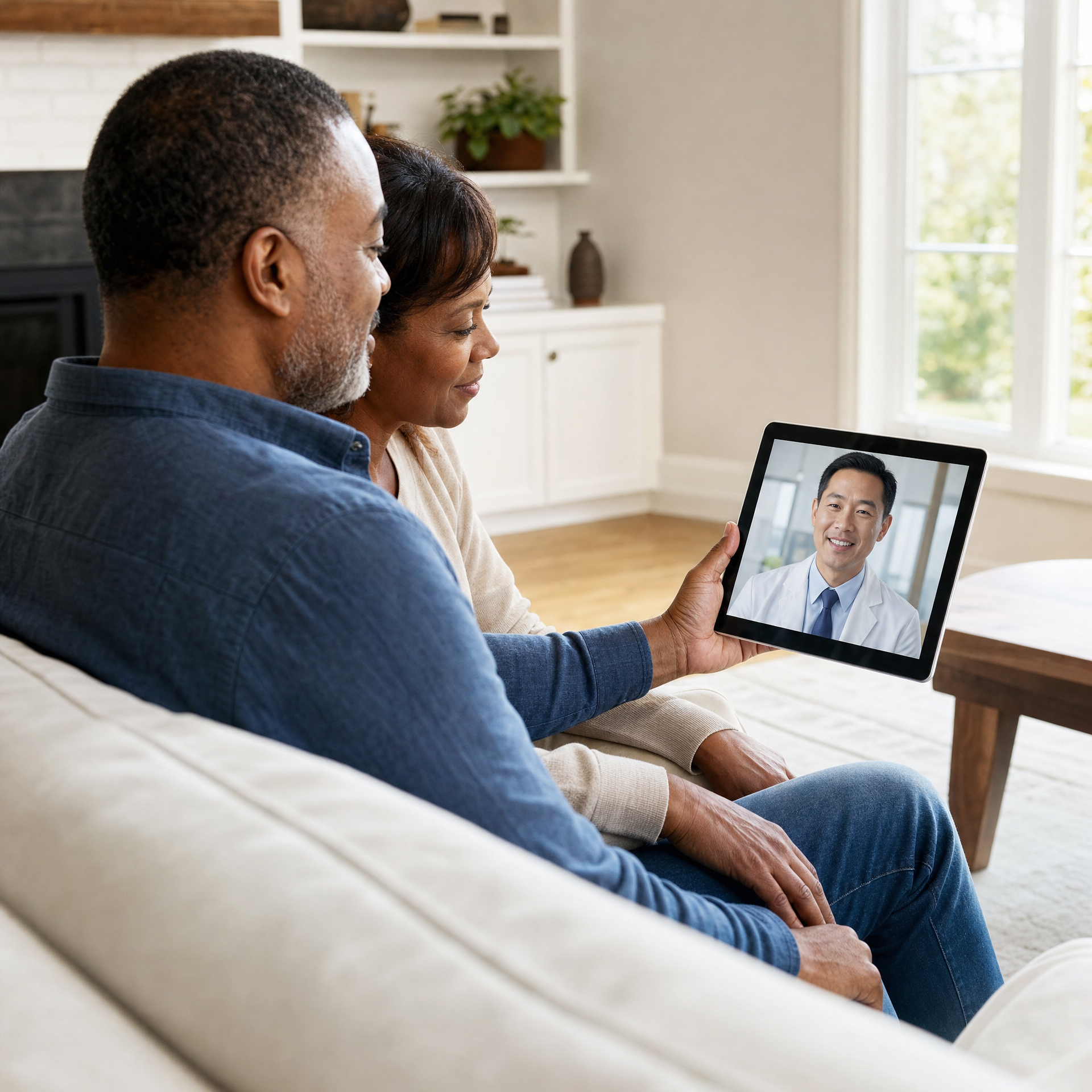 A couple on their living room sofa during a telehealth video visit with a physician shown on a tablet